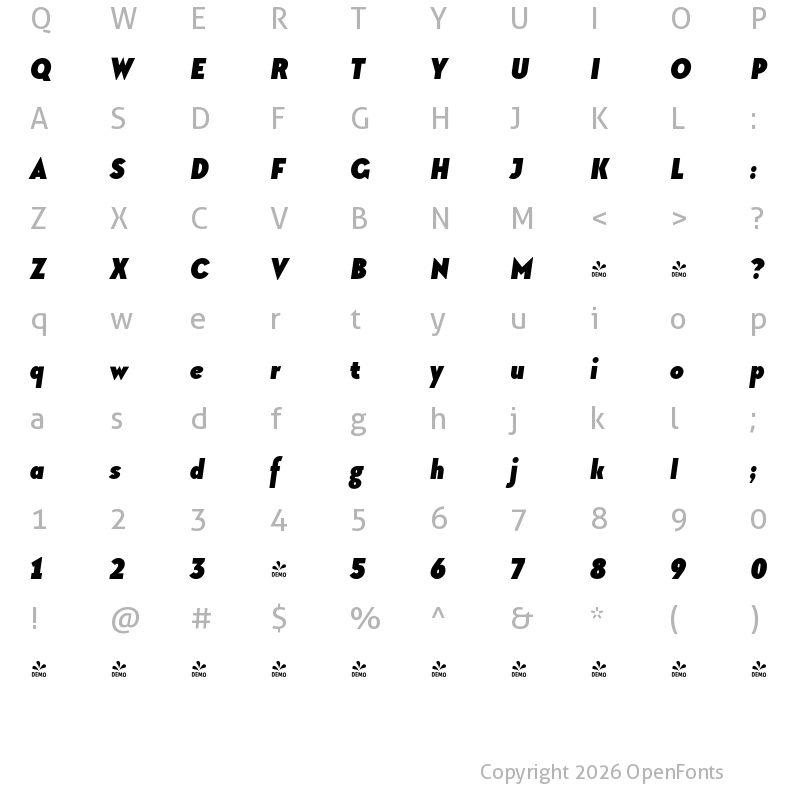 Character Map of FONTSPRING DEMO - TT Chocolates Condensed Black Italic