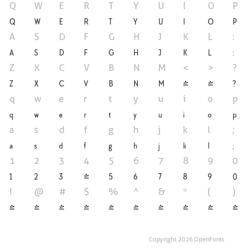 Character Map of FONTSPRING DEMO - TT Chocolates Condensed Regular