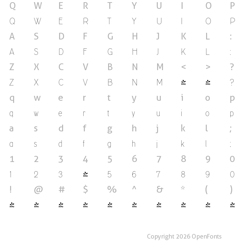 Character Map of FONTSPRING DEMO - TT Corals Thin Regular
