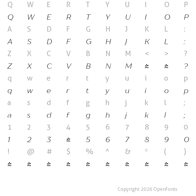 Character Map of FONTSPRING DEMO - TT Drugs Light Italic