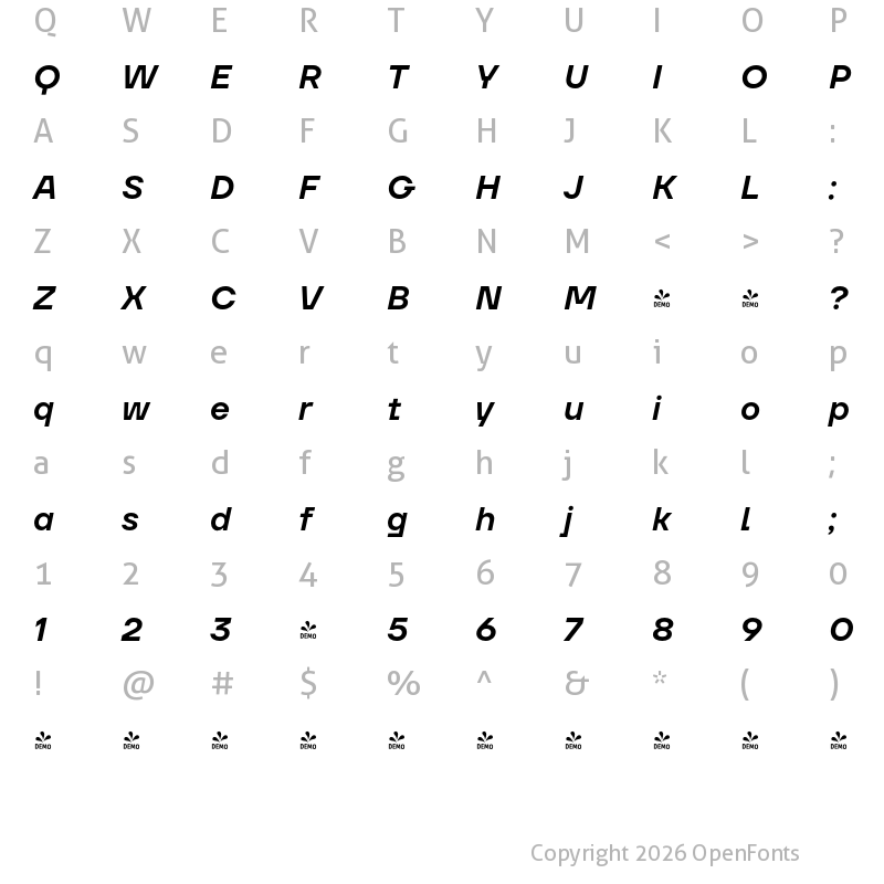 Character Map of FONTSPRING DEMO - TT Firs Neue DemiBold Italic