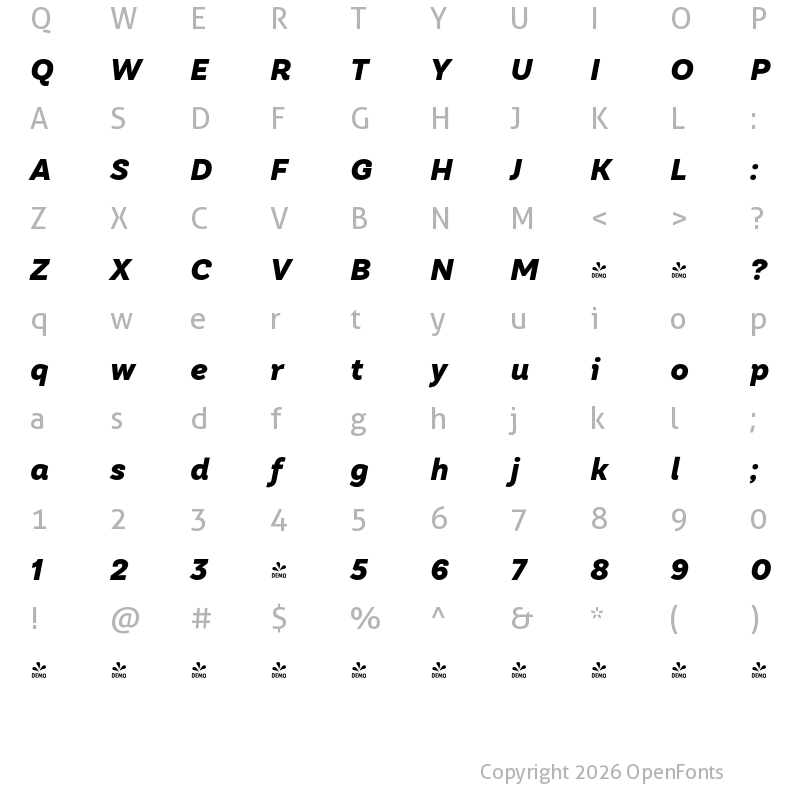 Character Map of FONTSPRING DEMO - TT Hazelnuts Black Italic