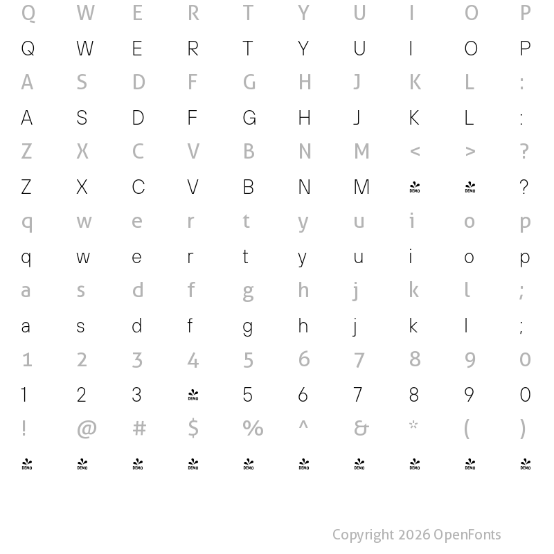 Character Map of FONTSPRING DEMO - TT Hoves Pro Compact ExtraLight Regular