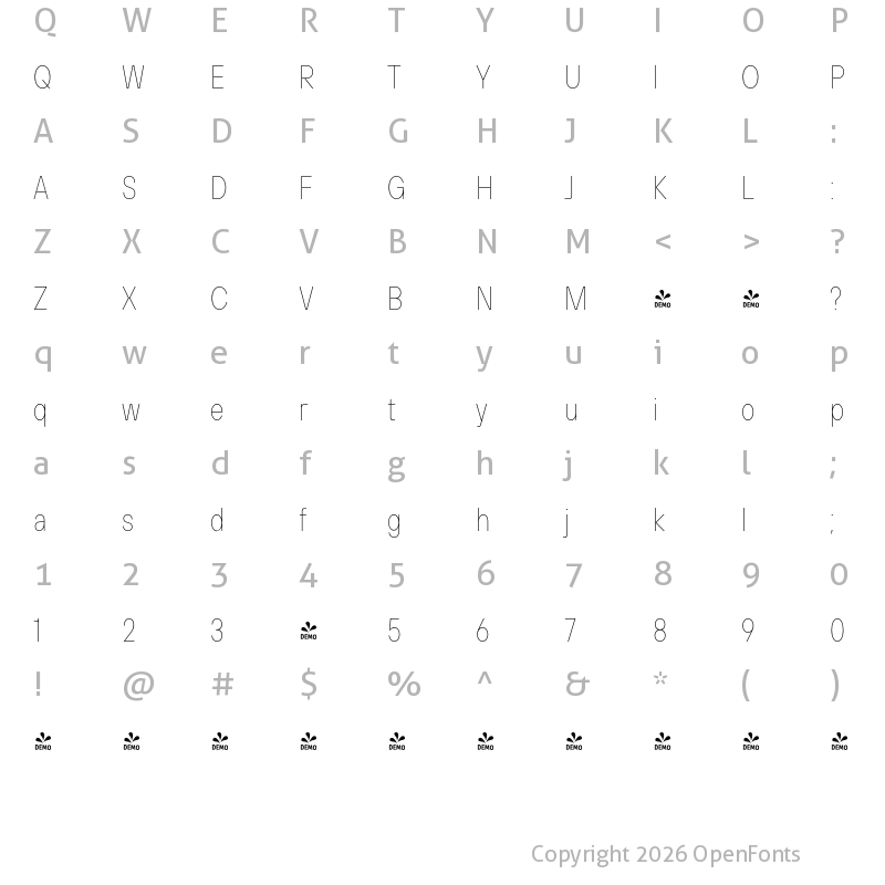 Character Map of FONTSPRING DEMO - TT Hoves Pro Cond Hairline Regular