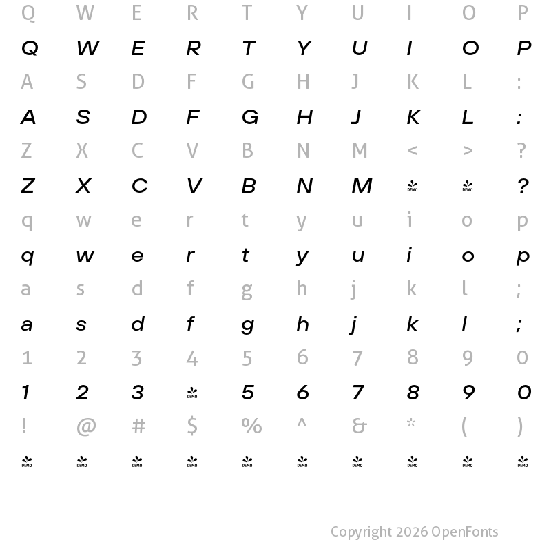 Character Map of FONTSPRING DEMO - TT Hoves Pro Exp Medium Italic