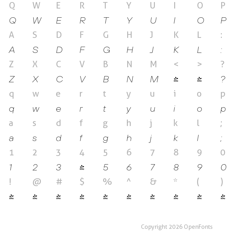Character Map of FONTSPRING DEMO - TT Hoves Pro Exp Thin Italic
