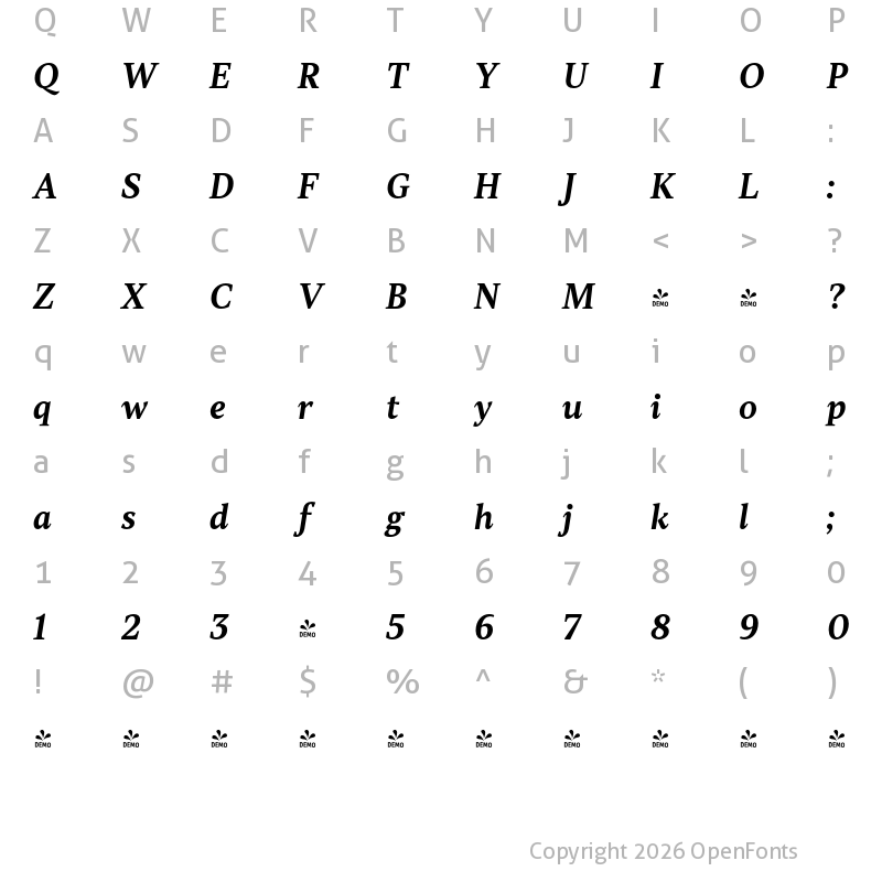 Character Map of FONTSPRING DEMO - TT Jenevers Bold Italic