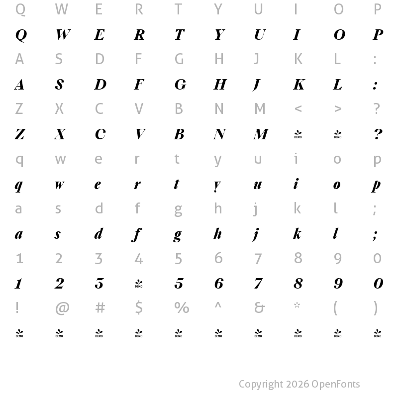 Character Map of FONTSPRING DEMO - TT Livret Display Bold Italic