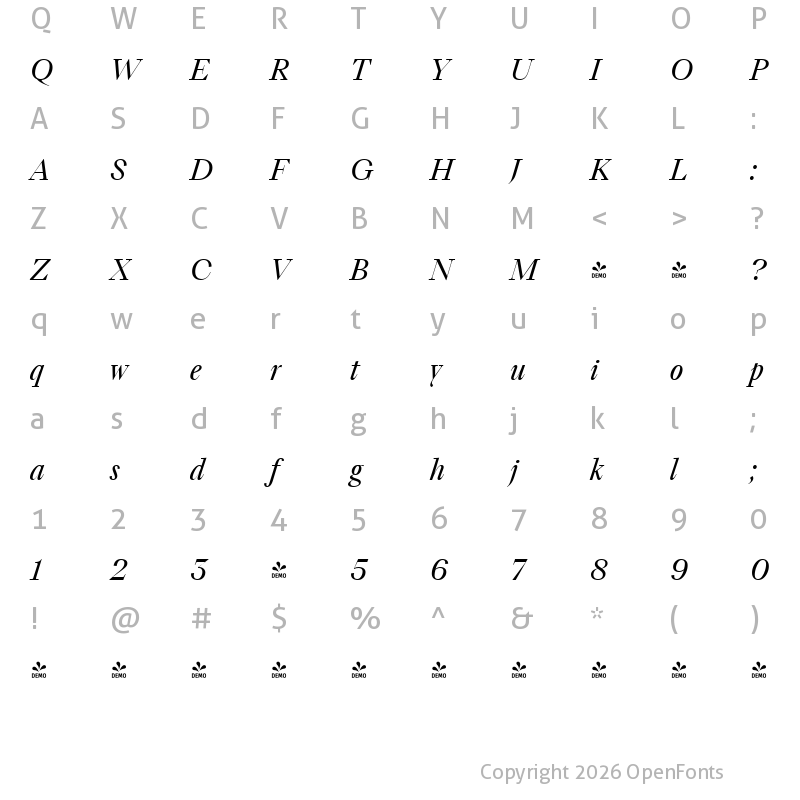 Character Map of FONTSPRING DEMO - TT Livret Display Italic