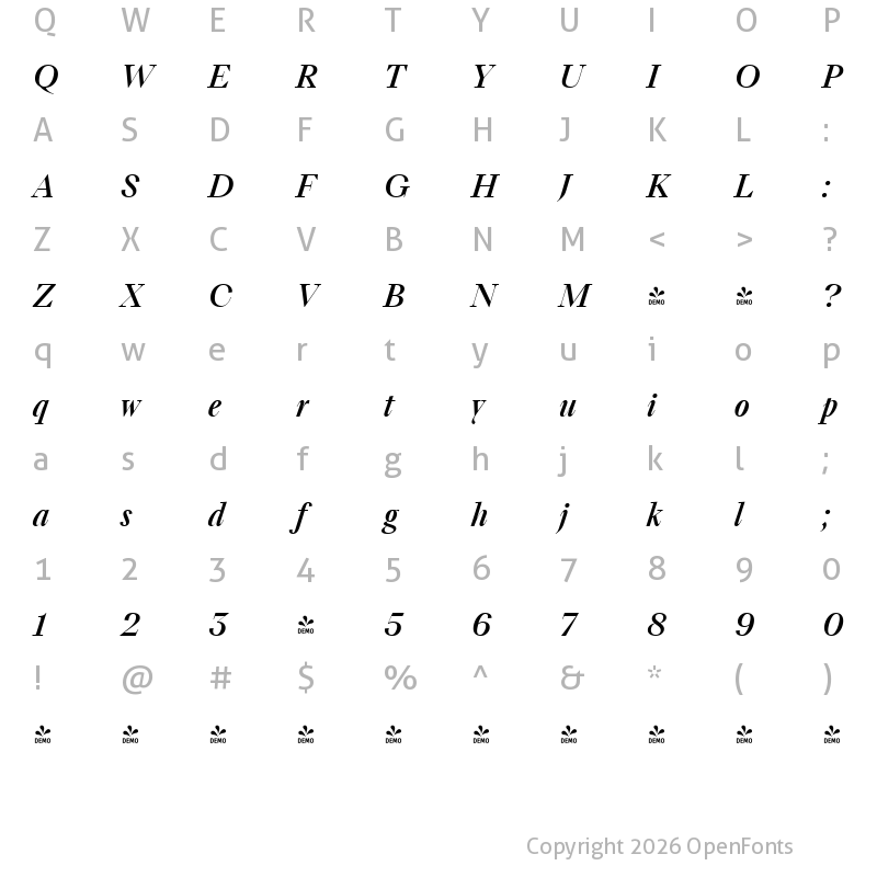 Character Map of FONTSPRING DEMO - TT Livret Display Medium Italic