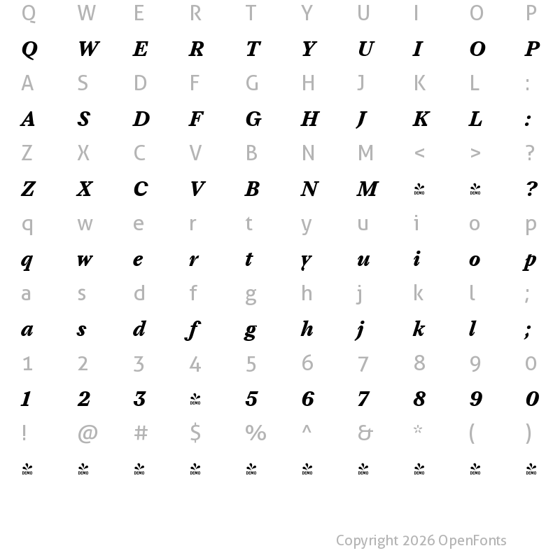 Character Map of FONTSPRING DEMO - TT Livret Text Bold Italic