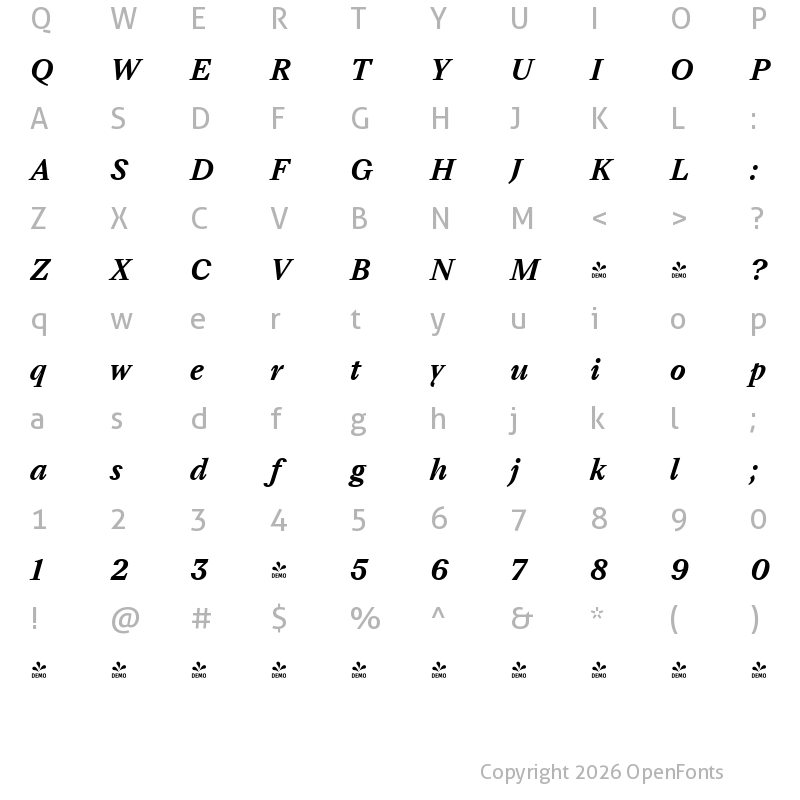 Character Map of FONTSPRING DEMO - TT Livret Text DemiBold Italic