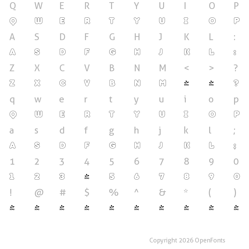 Character Map of FONTSPRING DEMO - TT Milks Casual Outline Regular