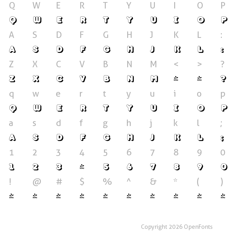 Character Map of FONTSPRING DEMO - TT Milks Casual Outline Shadow Regular