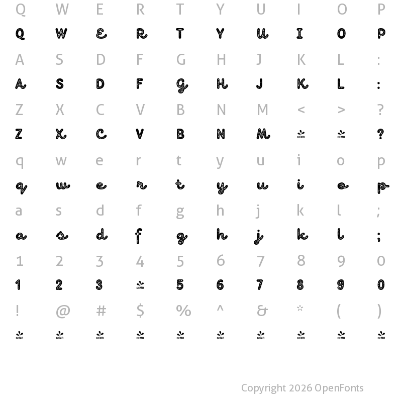Character Map of FONTSPRING DEMO - TT Milks Casual Script Two Regular