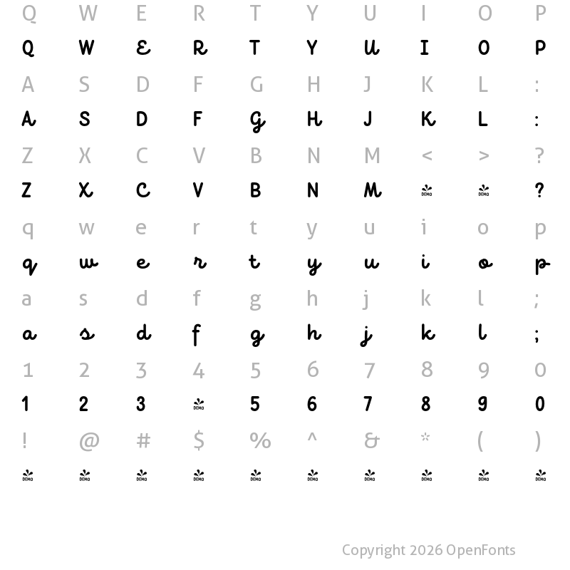 Character Map of FONTSPRING DEMO - TT Milks Script Bold