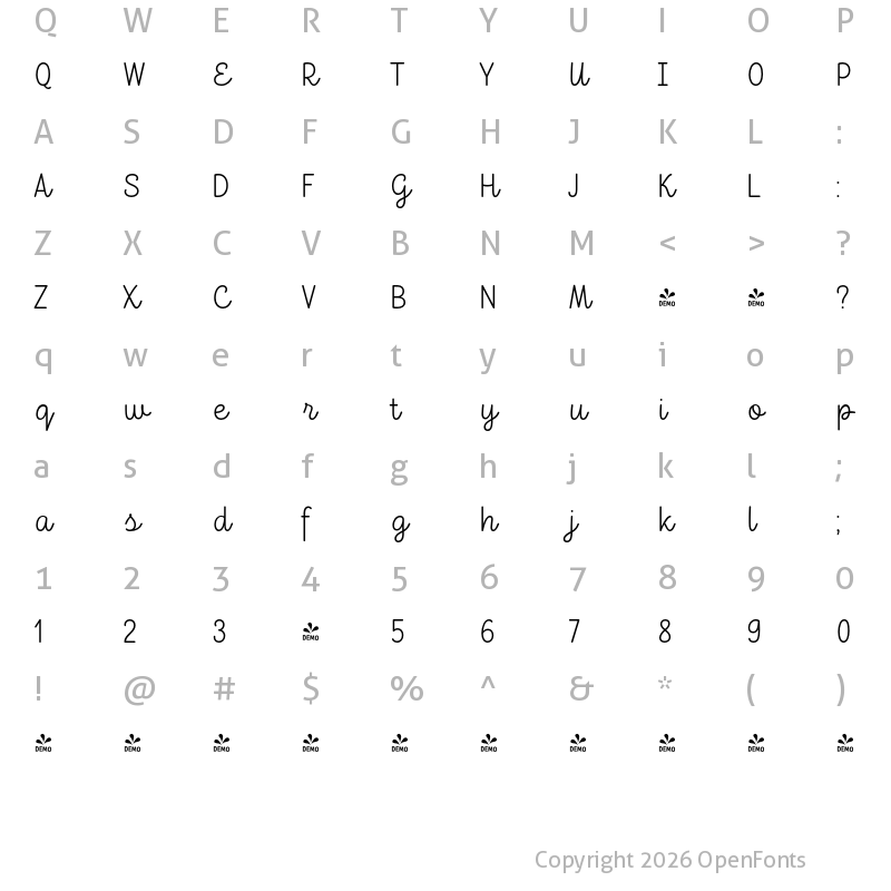 Character Map of FONTSPRING DEMO - TT Milks Script ExtraLight Bold