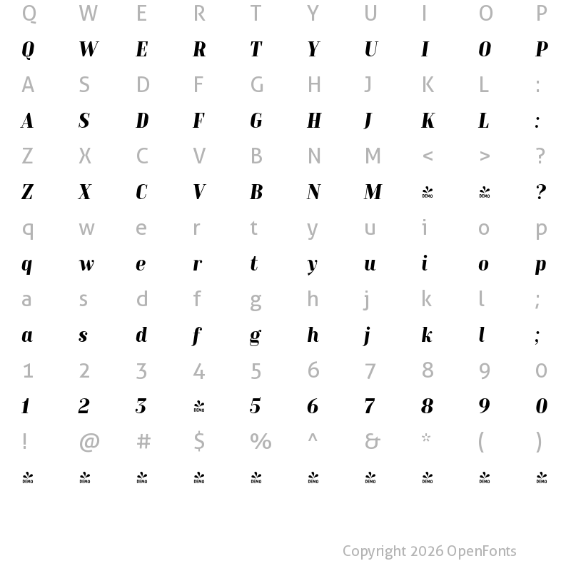 Character Map of FONTSPRING DEMO - TT Moons Bold Italic