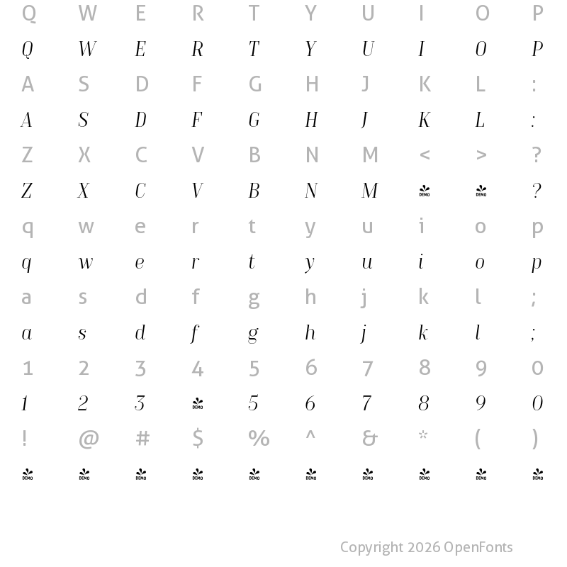 Character Map of FONTSPRING DEMO - TT Moons Thin Bold Italic