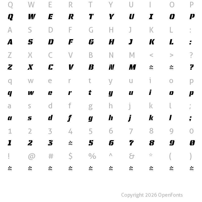 Character Map of FONTSPRING DEMO - TT Mussels Stencil Black Italic