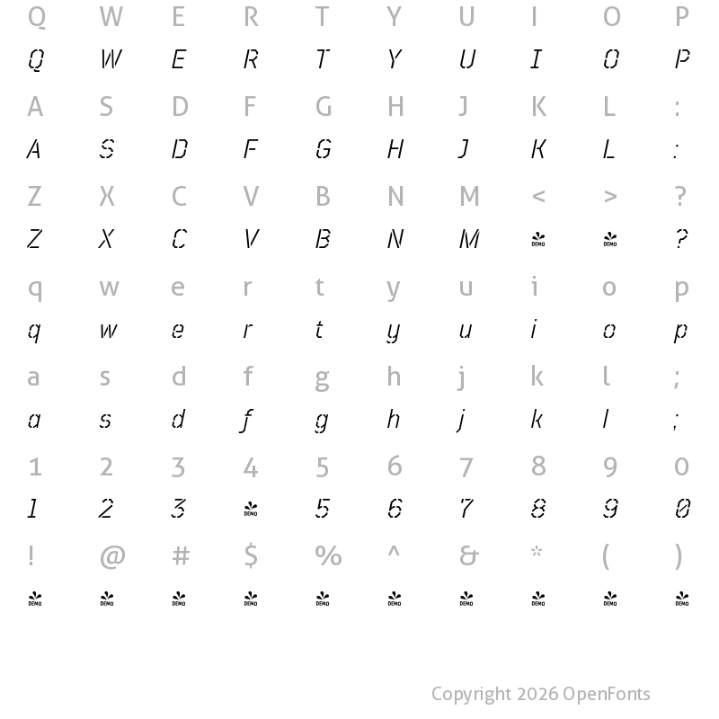 Character Map of FONTSPRING DEMO - TT Mussels Stencil Italic