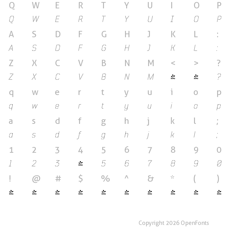 Character Map of FONTSPRING DEMO - TT Mussels Stencil Thin Italic