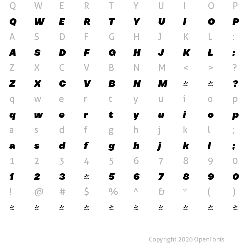Character Map of FONTSPRING DEMO - TT Neoris Black Italic