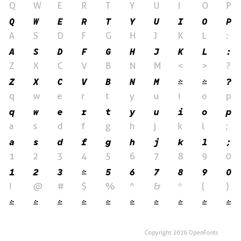 Character Map of FONTSPRING DEMO - TT Norms Pro Mono Bold Italic