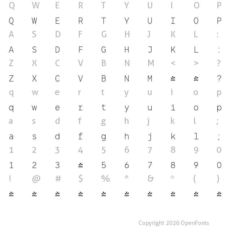 Character Map of FONTSPRING DEMO - TT Norms Pro Mono ExtraLight Regular