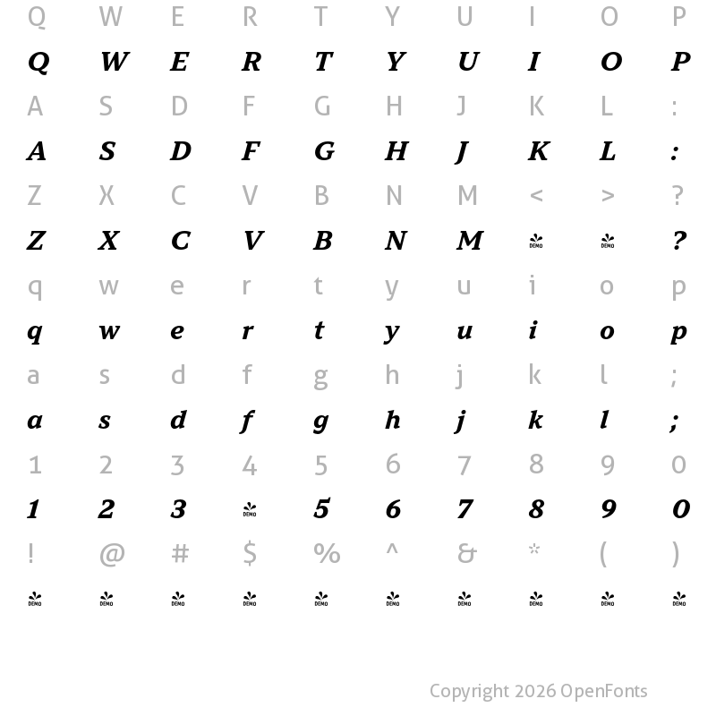 Character Map of FONTSPRING DEMO - TT Norms Pro Serif Bold Italic