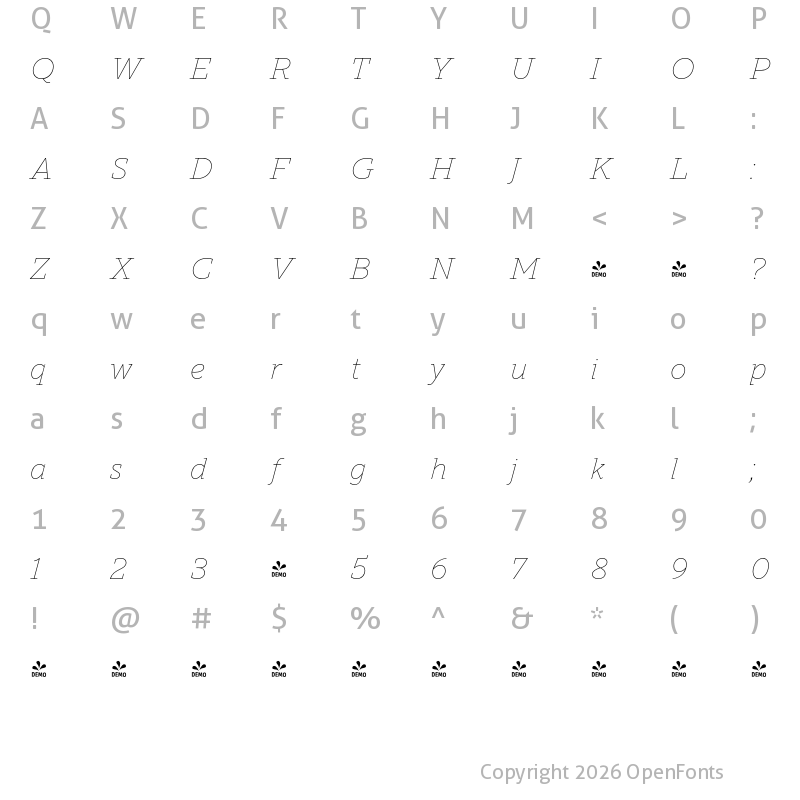 Character Map of FONTSPRING DEMO - TT Norms Pro Serif Thin Italic