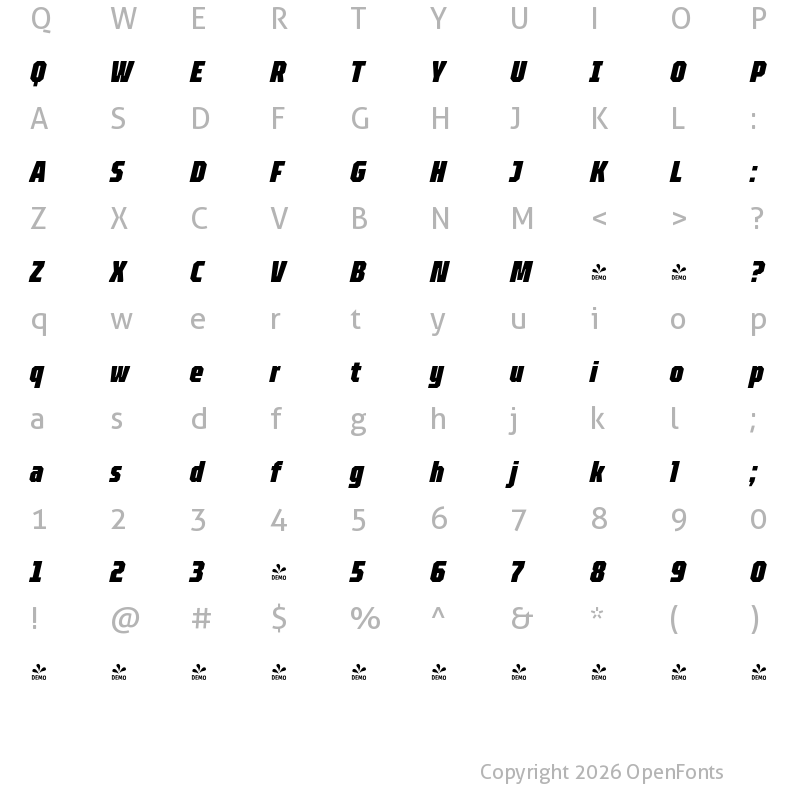 Character Map of FONTSPRING DEMO - TT Octosquares Comp Black Italic