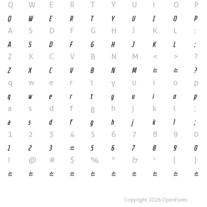Character Map of FONTSPRING DEMO - TT Octosquares Comp Italic