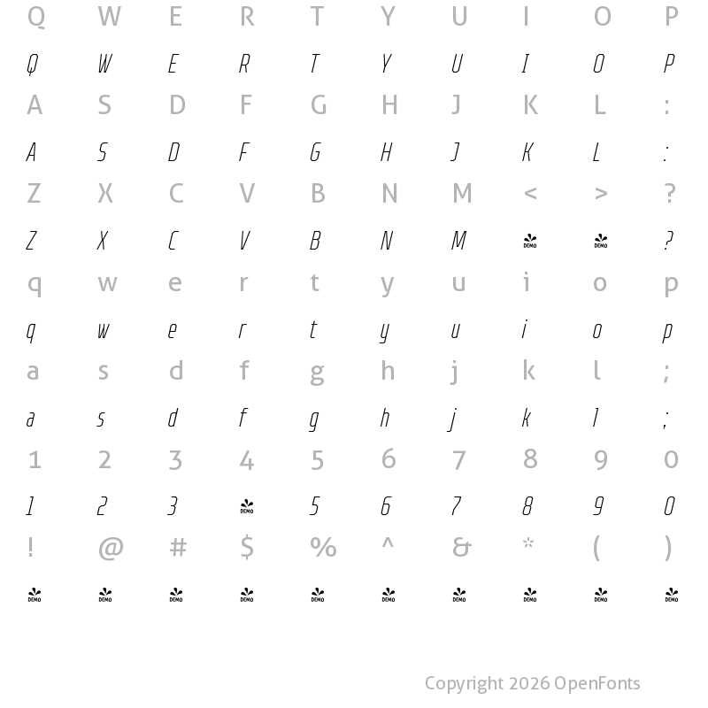 Character Map of FONTSPRING DEMO - TT Octosquares Comp Thin Italic