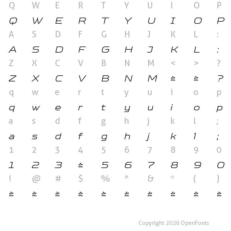Character Map of FONTSPRING DEMO - TT Octosquares Exp ExtraLight Italic