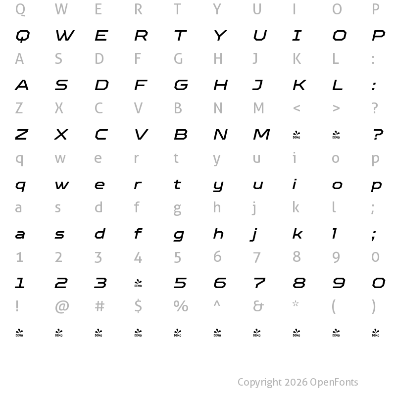 Character Map of FONTSPRING DEMO - TT Octosquares Exp Medium Italic