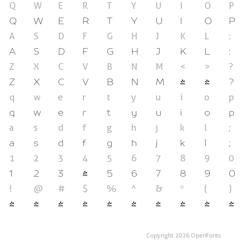 Character Map of FONTSPRING DEMO - TT Prosto Sans Thin Regular