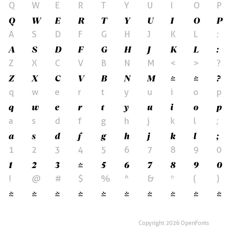 Character Map of FONTSPRING DEMO - TT Ramillas Black Italic