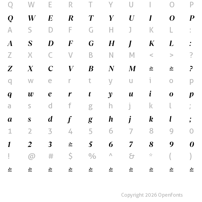 Character Map of FONTSPRING DEMO - TT Ramillas Bold Italic