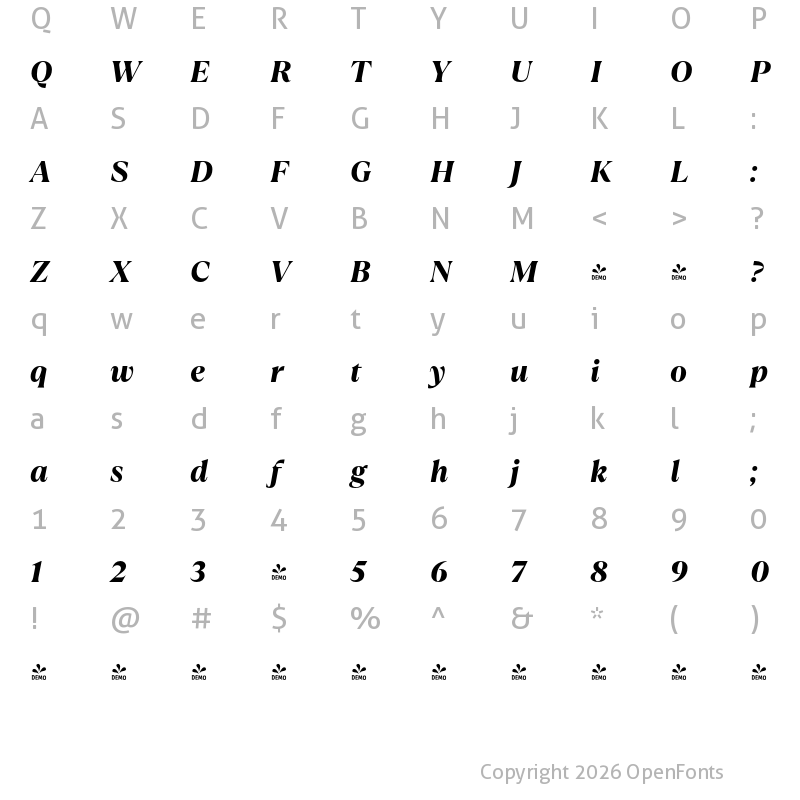 Character Map of FONTSPRING DEMO - TT Ramillas ExtraBold Italic