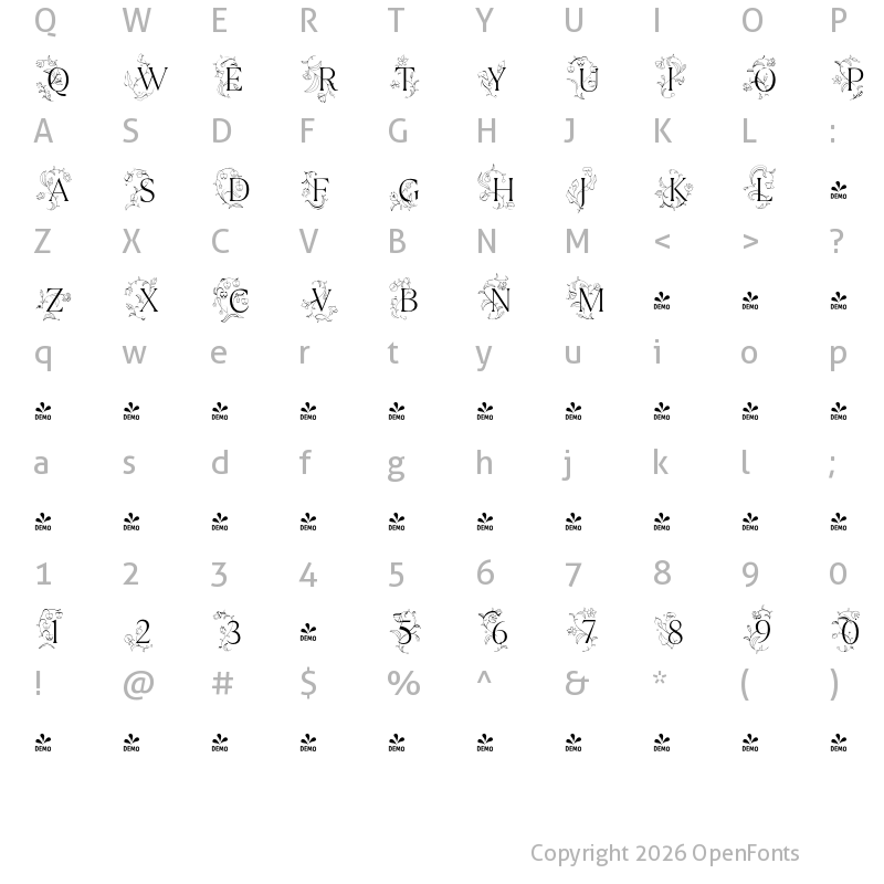 Character Map of FONTSPRING DEMO - TT Ramillas Initials ExtraLight Regular
