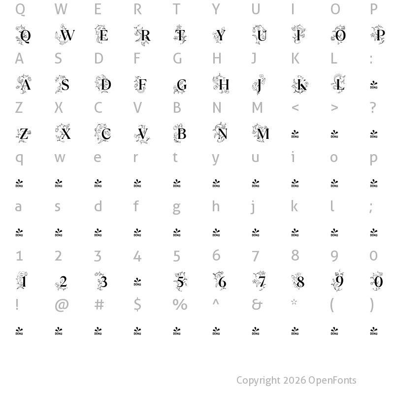 Character Map of FONTSPRING DEMO - TT Ramillas Initials Medium Regular