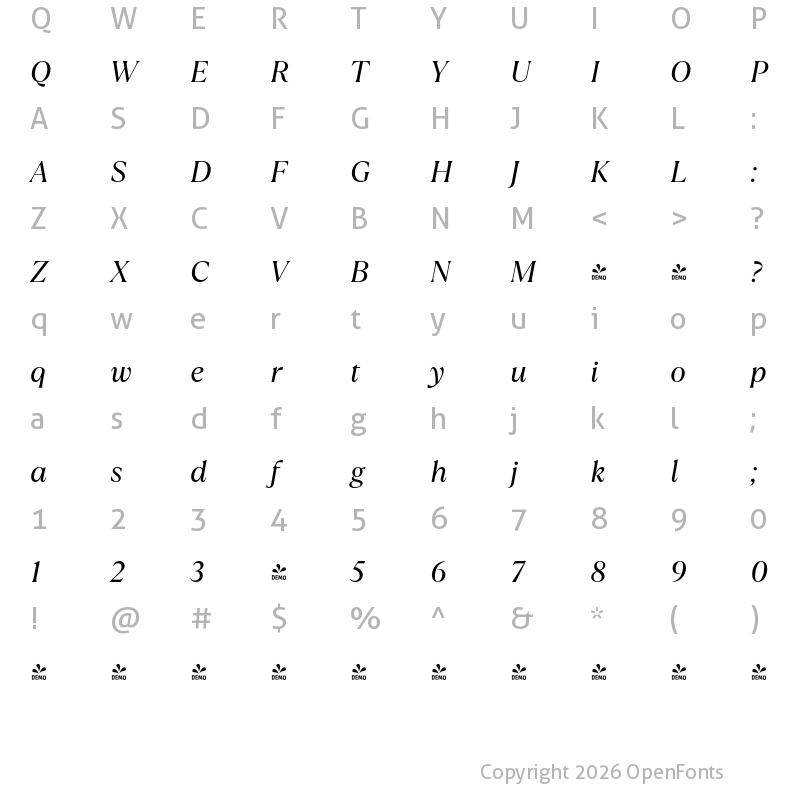 Character Map of FONTSPRING DEMO - TT Ramillas Italic