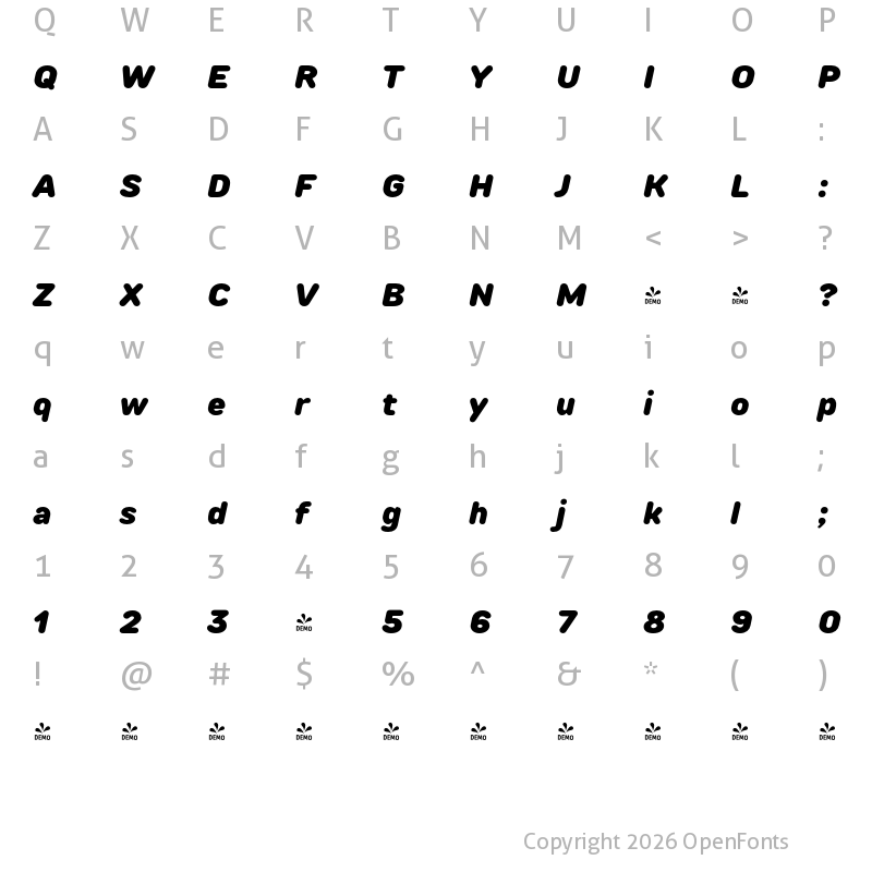 Character Map of FONTSPRING DEMO - TT Rounds Neue Black Italic