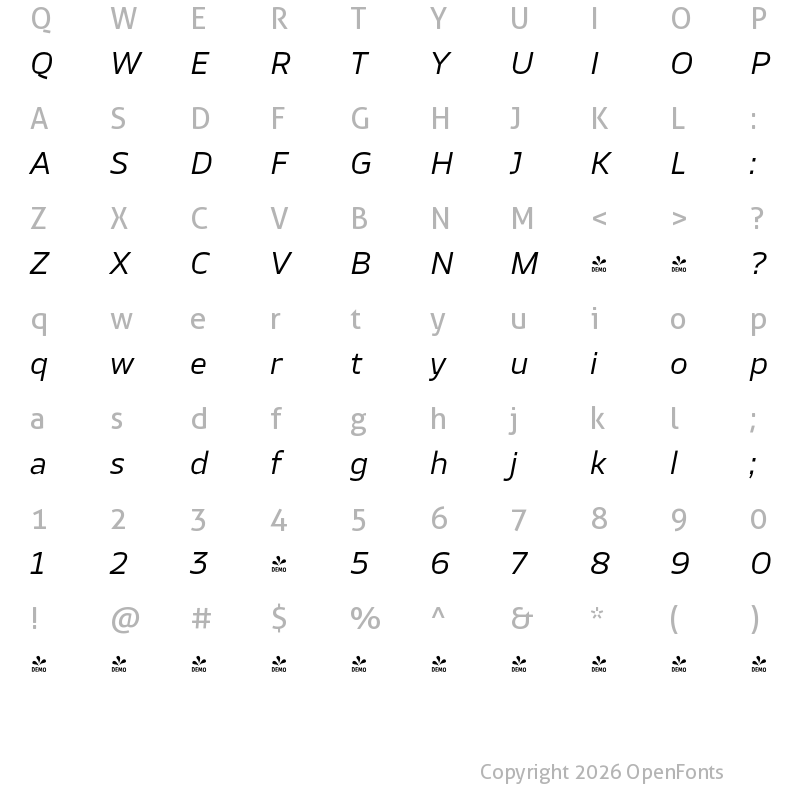 Character Map of FONTSPRING DEMO - TT Severs Italic