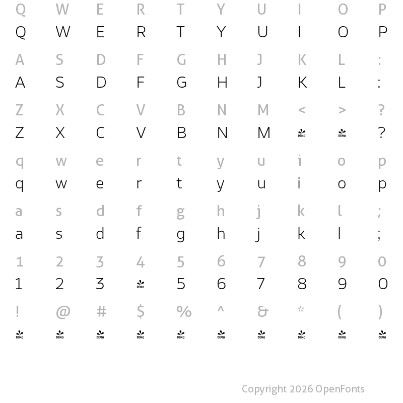 Character Map of FONTSPRING DEMO - TT Severs Light Regular