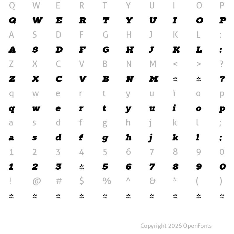 Character Map of FONTSPRING DEMO - TT Slabs Black Italic