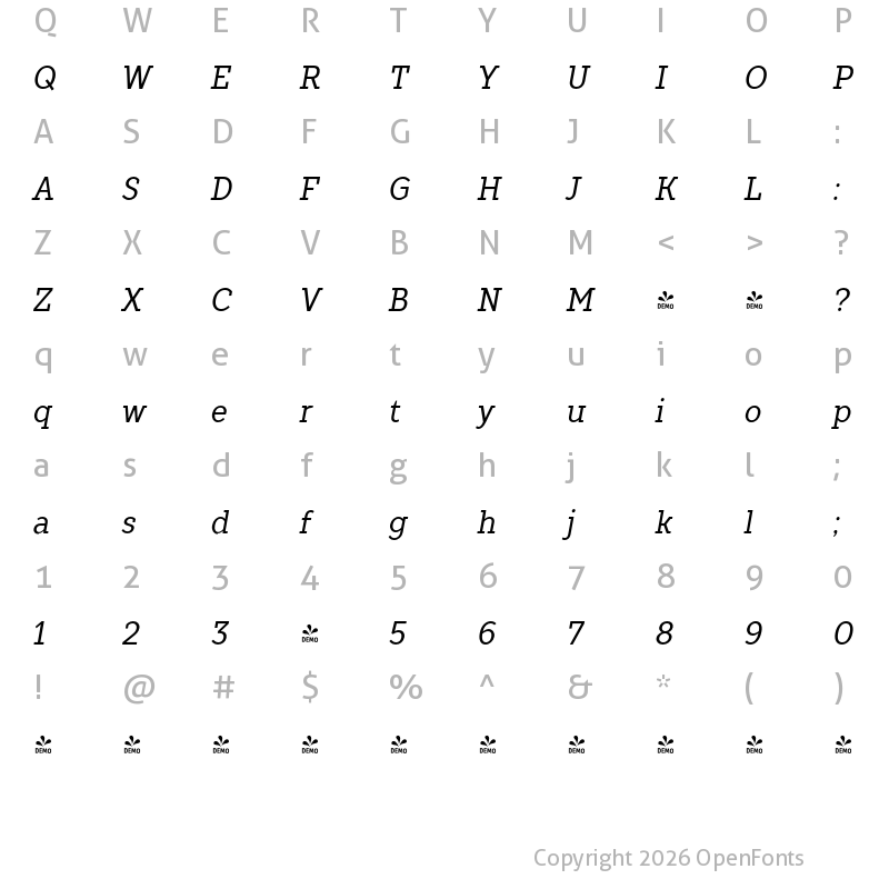 Character Map of FONTSPRING DEMO - TT Slabs Condensed Italic