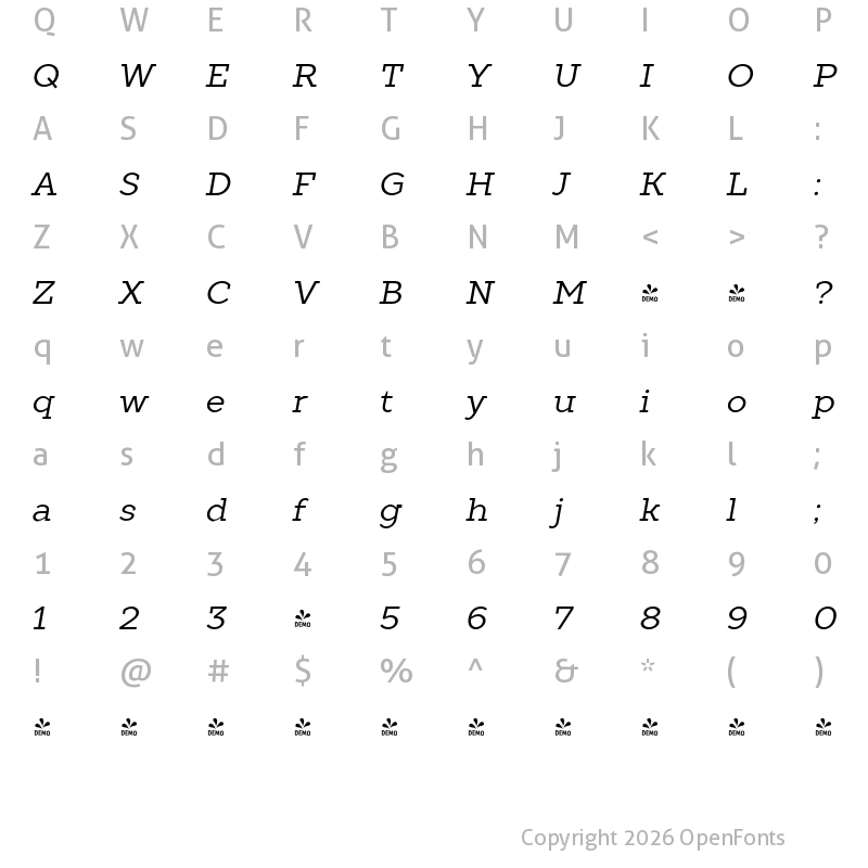 Character Map of FONTSPRING DEMO - TT Slabs Italic
