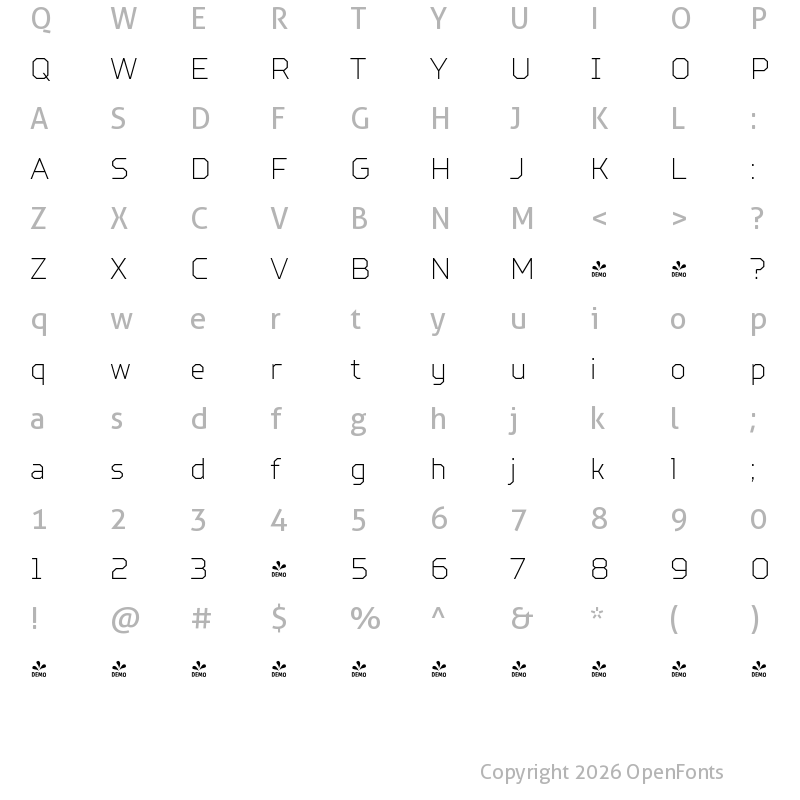 Character Map of FONTSPRING DEMO - TT Squares Condensed Thin Regular